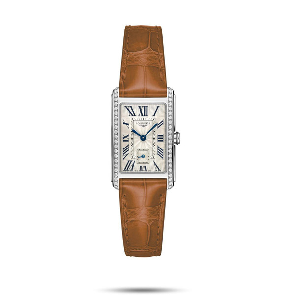 Longines DolceVita watch, silver rectangular case with diamond accents and a brown leather strap.