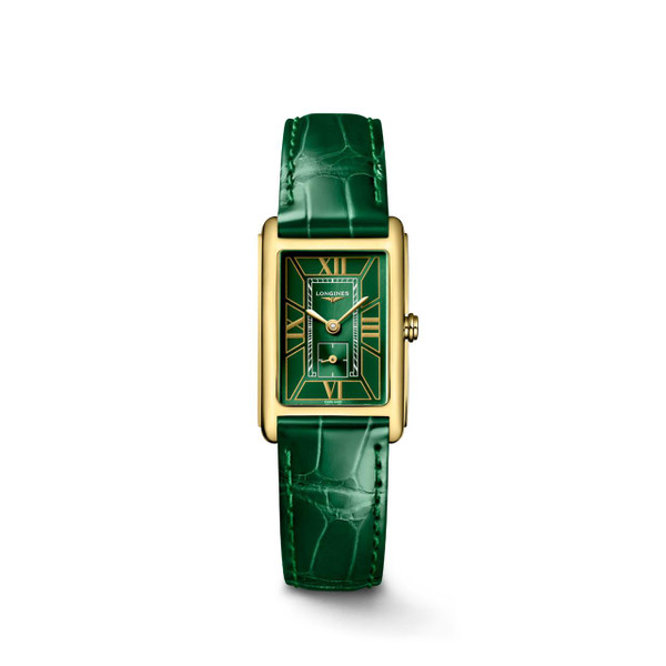 Longines DolceVita watch, rectangular gold watch with green dial and matching green leather strap.
