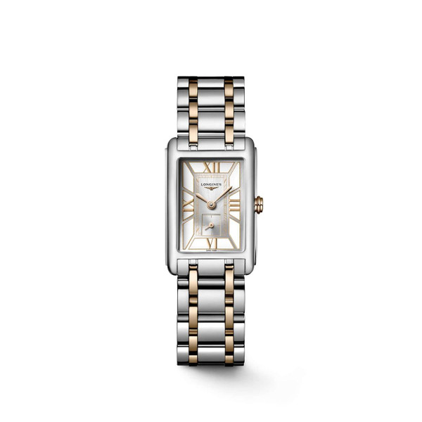Longines DolceVita [L5.255.5.75.7], two-tone rectangular wristwatch with stainless steel and gold bracelet, silver dial with Roman numerals, and small seconds subdial