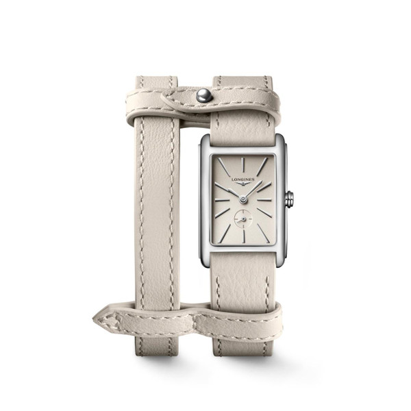 Longines DolceVita watch, elegant rectangular silver dial with beige leather strap.