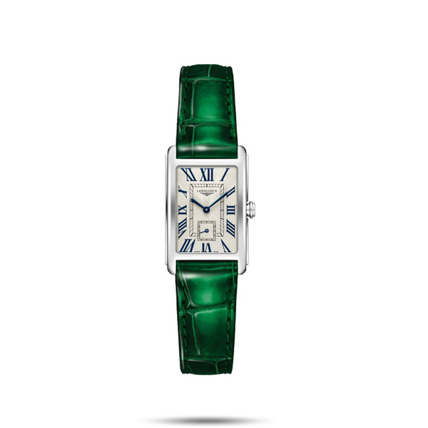 LONGINES DOLCEVITA, Silver rectangular wristwatch with blue Roman numeral markers and a green leather strap.