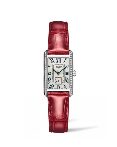 Longines DolceVita [L5.255.0.71.5], a luxurious women’s wristwatch with a rectangular silver-tone case, diamond-encrusted bezel, white dial with Roman numerals, blued steel hands, and a red leather strap.