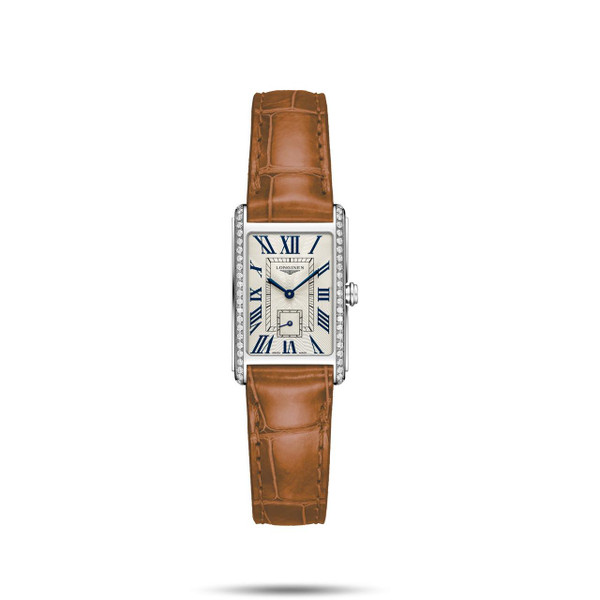 Longines DolceVita watch, Elegant rectangular wristwatch with diamond-encrusted bezel, white dial, blue Roman numerals, and brown leather strap.