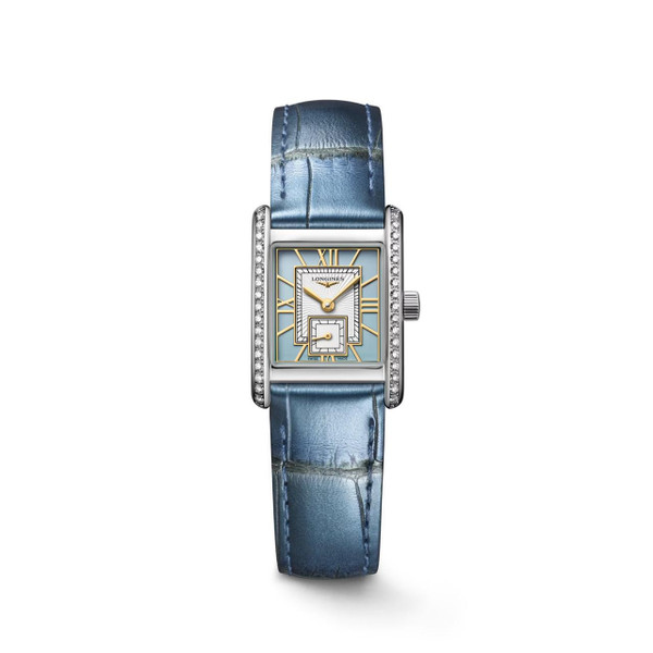 Longines Mini DolceVita watch, rectangular dial with gold accents, blue leather strap, and diamond-encrusted bezel.