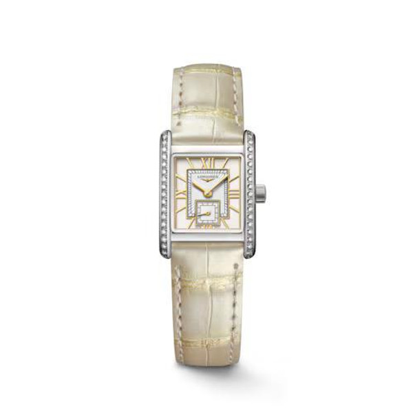 LONGINES MINI DOLCEVITA [L5.200.0.79.2], elegant women's wristwatch with a square face, gold accents, diamond-studded bezel, and a light beige leather strap.