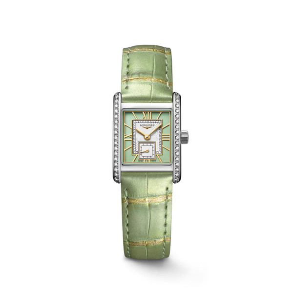 LONGINES MINI DOLCEVITA [L5.200.0.05.2], luxury wristwatch with a rectangular face, green dial, gold Roman numeral markers, diamond-set case, and green leather strap.