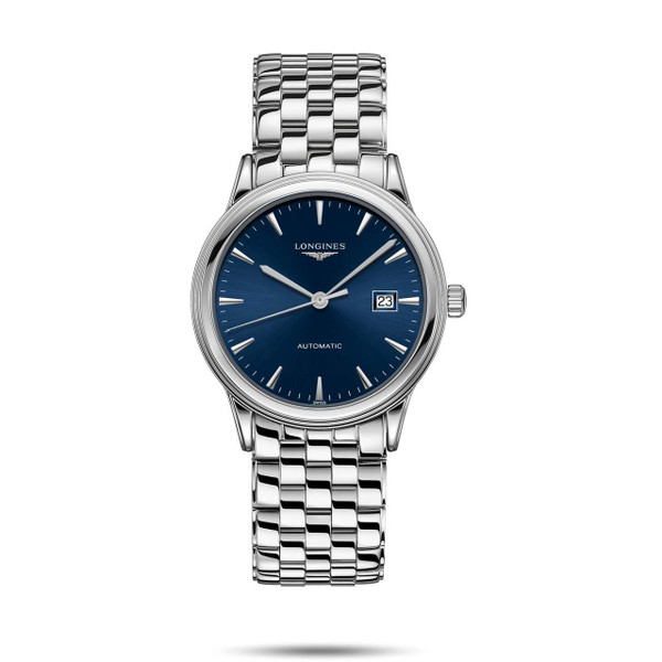 Longines Flagship, luxury men's wristwatch with stainless steel case and bracelet, blue dial with silver-tone hands and index hour markers, date display at 3 o'clock, automatic movement.