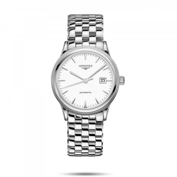 Longines Flagship Luna, stainless steel wristwatch with white dial and date display.