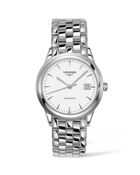 Longines Flagship watch, silver stainless steel bracelet and round case with white dial, date display, automatic movement, luxury men's wristwatch.