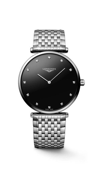 LONGINES La Grande Classique de Longines watch, black dial with diamond hour markers, stainless steel bracelet, elegant and luxurious design.