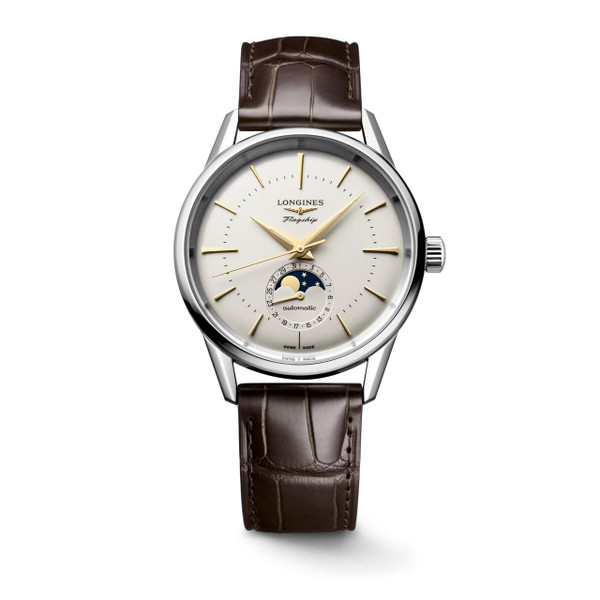 Longines Heritage Classic [L4.815.4.78.2], luxury men's wristwatch with cream dial, gold-tone hands and markers, moon phase and date subdials, stainless steel case, and brown leather strap.