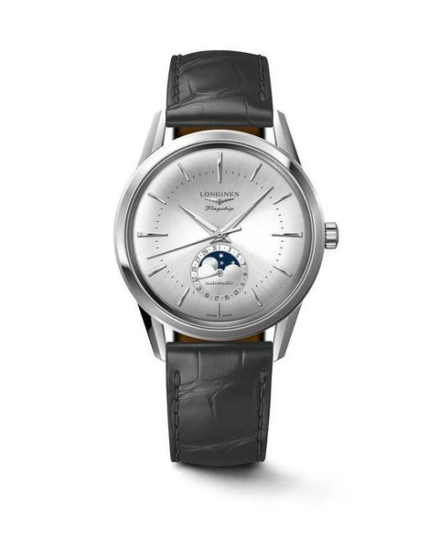 Longines Heritage Classic [L4.815.4.72.2], a luxury men's wristwatch with a silver dial, moon phase complication, and black leather strap.