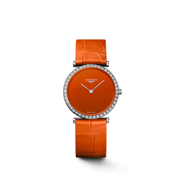 Longines La Grande Classique de Longines watch, orange dial with diamond bezel and orange strap.