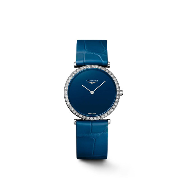 LONGINES LA GRANDE CLASSIQUE DE LONGINES [L4.523.0.90.2], blue dial ladies watch with diamond bezel and blue leather strap.