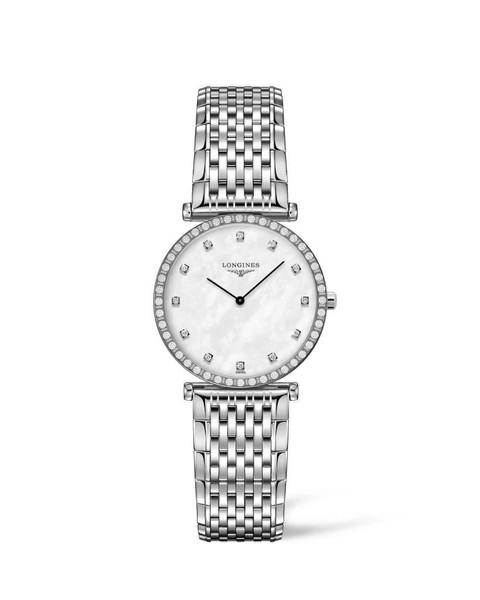 LONGINES La Grande Classique de Longines watch, silver stainless steel bracelet and diamond-studded bezel with white mother-of-pearl dial.