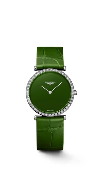 LONGINES La Grande Classique de Longines watch, green dial with diamond-studded bezel, green leather strap, Swiss made, model L4.523.0.60.2, barcode 7612356223540.