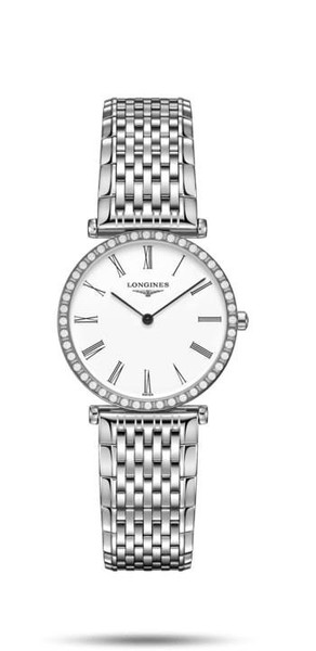 LONGINES LA GRANDE CLASSIQUE DE LONGINES [L4.523.0.11.6], elegant silver wristwatch with a white dial, Roman numeral hour markers, and a diamond-accented bezel.