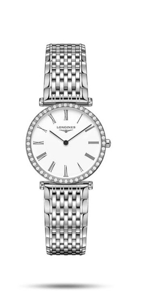 LONGINES LA GRANDE CLASSIQUE DE LONGINES [L4.523.0.11.6], elegant silver wristwatch with a white dial, Roman numeral hour markers, and a diamond-accented bezel.
