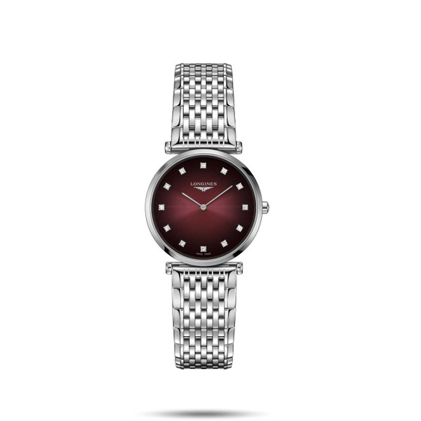 LONGINES LA GRANDE CLASSIQUE DE LONGINES [L4.512.4.91.6], Elegant wristwatch with a deep red sunburst dial, silver-tone hands, and diamonds indicating the hours, complemented by a stainless steel bracelet.