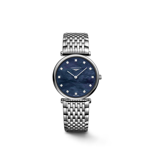 Longines La Grande Classique de Longines watch, stainless steel case and bracelet with blue mother-of-pearl dial and diamond hour markers.
