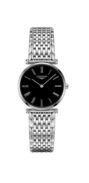 LONGINES La Grande Classique de Longines watch, silver stainless steel bracelet and black dial with Roman numeral markers.