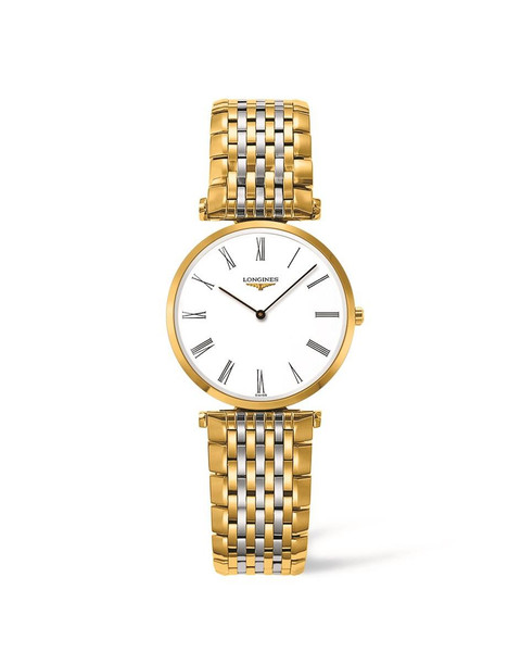 LONGINES LA GRANDE CLASSIQUE DE LONGINES [L4.512.2.11.7], luxury wristwatch with gold and silver bracelet and a white dial with Roman numerals.