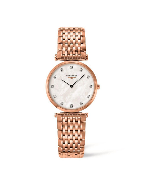 LONGINES La Grande Classique de Longines [L4.512.1.97.8], elegant ladies' wristwatch with a rose gold-tone stainless steel bracelet and a white mother-of-pearl dial featuring diamond hour markers.