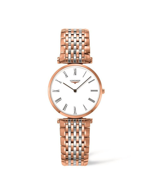 LONGINES La Grande Classique de Longines [L4.512.1.91.7], a luxury wristwatch with a white dial, Roman numeral hour markers, and a two-tone rose gold and silver bracelet.