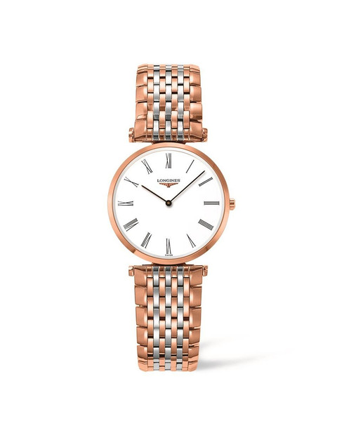 LONGINES La Grande Classique de Longines [L4.512.1.91.7], a luxury wristwatch with a white dial, Roman numeral hour markers, and a two-tone rose gold and silver bracelet.