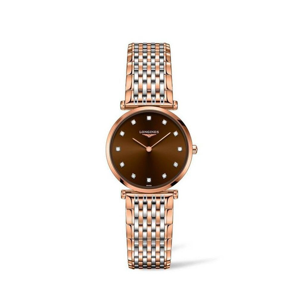 LONGINES LA GRANDE CLASSIQUE DE LONGINES [L4.512.1.67.7], luxury women's watch with a two-tone rose gold and silver bracelet and a brown dial with diamond hour markers.
