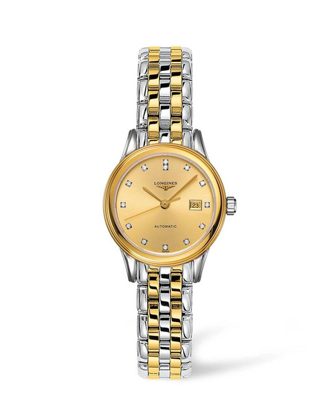 LONGINES FLAGSHIP [L4.374.3.37.7], men's luxury watch with gold and silver stainless steel bracelet, gold dial with diamond hour markers and date display, automatic movement.