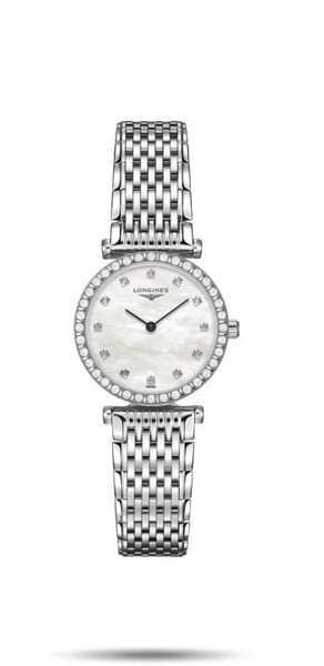 LONGINES LA GRANDE CLASSIQUE DE LONGINES [L4.341.0.80.6], a luxurious women's wristwatch with a silver stainless steel bracelet and a round white mother-of-pearl dial embellished with diamonds.