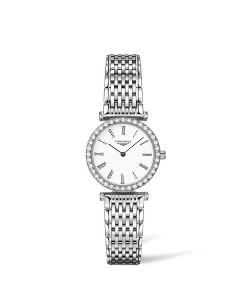 LONGINES LA GRANDE CLASSIQUE DE LONGINES [L4.341.0.11.6], elegant women's wristwatch with a silver stainless steel bracelet and a round white dial surrounded by a diamond-encrusted bezel.