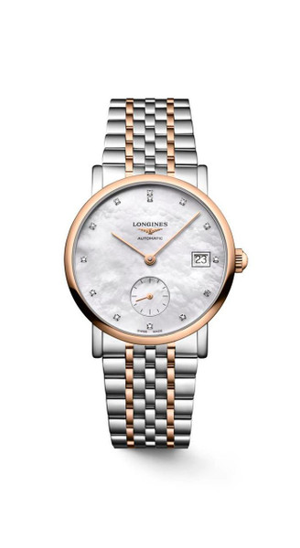 LONGINES THE LONGINES ELEGANT COLLECTION [L4.312.5.87.7], luxury women's watch with a mother-of-pearl dial, diamond hour markers, and a two-tone stainless steel and rose gold bracelet.