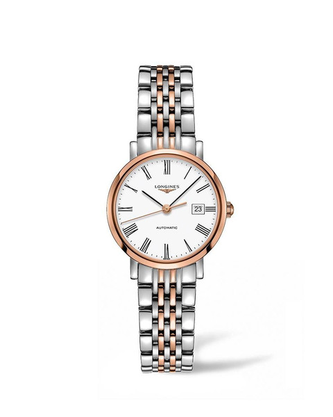 LONGINES THE LONGINES ELEGANT COLLECTION [L4.310.5.11.7] watch, two-tone bracelet with stainless steel and rose gold, round white dial with Roman numerals, date display, and three hands.