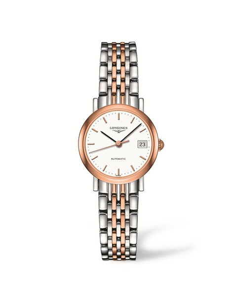 LONGINES THE LONGINES ELEGANT COLLECTION [L4.309.5.12.7], a luxury wristwatch with a white dial, rose gold bezel, and two-tone stainless steel and rose gold bracelet.