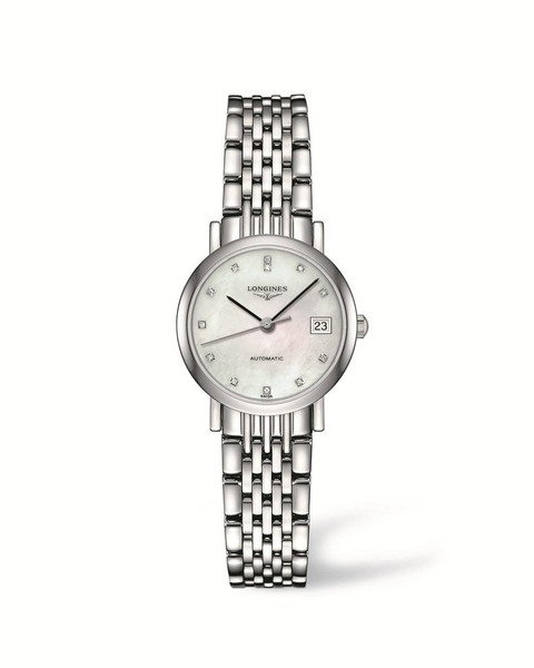 LONGINES THE LONGINES ELEGANT COLLECTION [L4.309.4.87.6], watch with a stainless steel bracelet and a round dial featuring diamond hour markers, date display, and automatic movement.