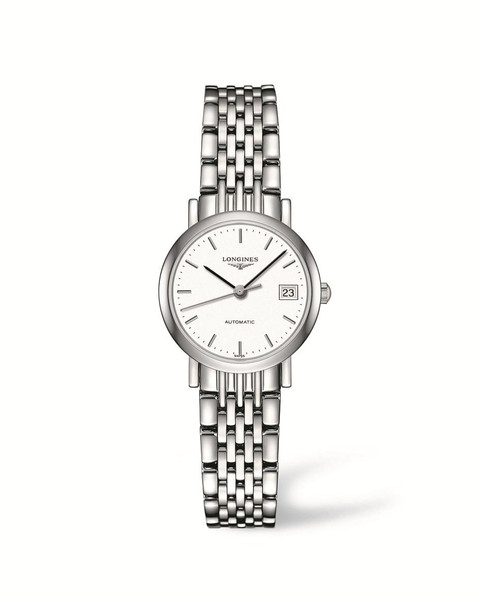 LONGINES THE LONGINES ELEGANT COLLECTION [L4.309.4.12.6], stainless steel wristwatch with white dial, silver hour markers, and date display at 3 o'clock.