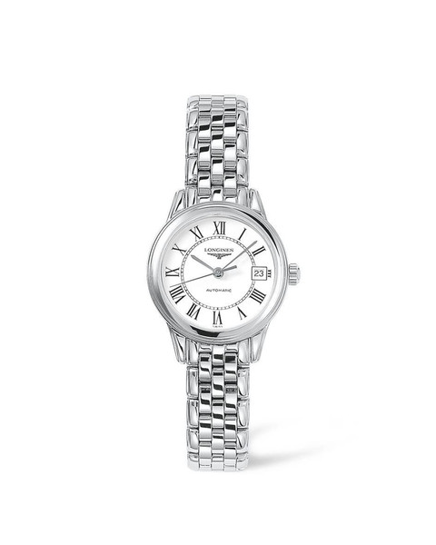 LONGINES FLAGSHIP [L4.274.4.21.6], a luxury stainless steel wristwatch with a white dial, Roman numeral hour markers, and a date window at the 3 o'clock position.