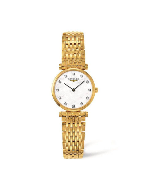 LONGINES LA GRANDE CLASSIQUE DE LONGINES [L4.209.2.87.8], luxury women's wristwatch with a gold bracelet and a white mother-of-pearl dial featuring diamond hour markers.