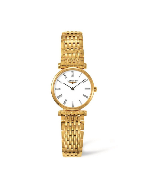 LONGINES La Grande Classique de Longines watch, gold stainless steel bracelet watch with white dial, Roman numerals, and slim hands.