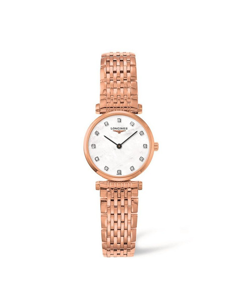 LONGINES LA GRANDE CLASSIQUE DE LONGINES [L4.209.1.97.8], elegant women's wristwatch with a rose gold bracelet and a white dial featuring diamond hour markers.