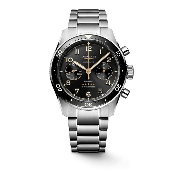 Longines Spirit, men's watch with black dial, chronograph, and stainless steel bracelet.