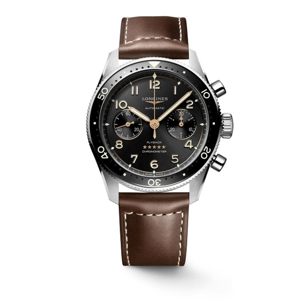 Longines Spirit [L3.821.4.53.2], men's luxury watch with black dial, chronograph, leather strap, and stainless steel case.
