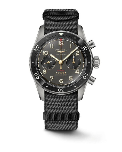 Longines Spirit [L3.821.1.53.2] watch, black dial with chronograph subdials, stainless steel case, and black NATO strap.