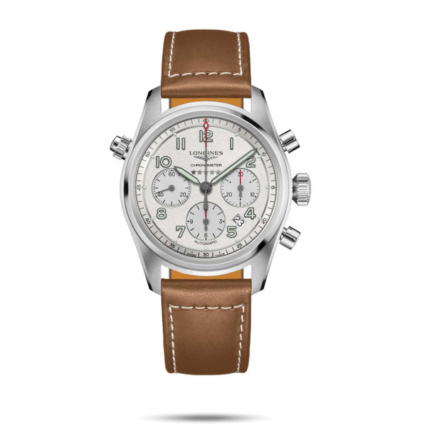 Longines Spirit [L3.820.4.73.2], men's luxury chronograph watch with stainless steel case, silver dial, brown leather strap, and chronometer features.
