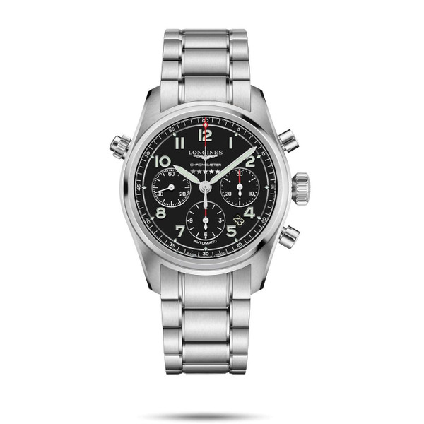 Longines Spirit [L3.820.4.53.6], men's luxury stainless steel chronograph watch with black dial, luminous hands, Arabic numerals, and three subdials, featuring automatic movement and a date window.