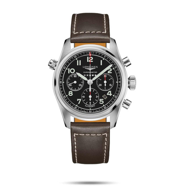 Longines Spirit [L3.820.4.53.0], luxury men's chronograph wristwatch with black dial, silver case, and brown leather strap.