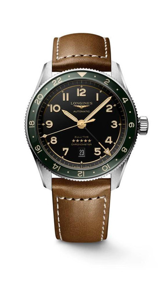 Longines Spirit [L3.812.4.63.2], men's luxury automatic watch with black dial, brown leather strap, and chronograph features.