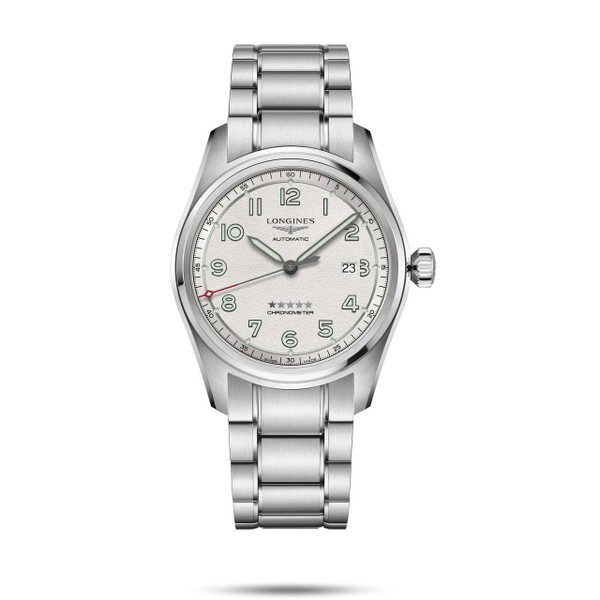 LONGINES SPIRIT [L3.811.4.73.9], a stainless steel automatic chronometer wristwatch with a white textured dial, luminous Arabic numeral hour markers, a date window at 3 o'clock, and a red-tipped second hand.